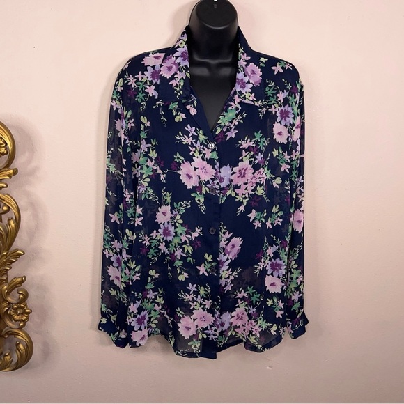 Vintage Large Haband Blue Purple Floral Semi Sheer Blouse Button Front 90s - Picture 12 of 12